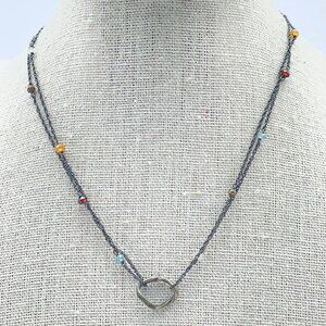 Boho Multistrand Beaded Necklace Bronze Circle Pendant Blue Red Accents Artisan